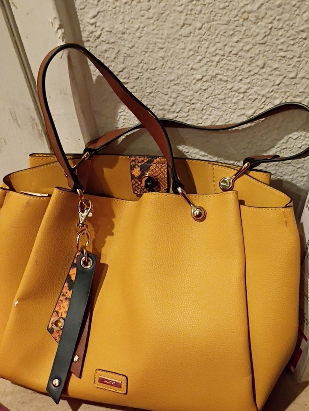 Women’s Yellow Tote Bag with Snake-Print Accent